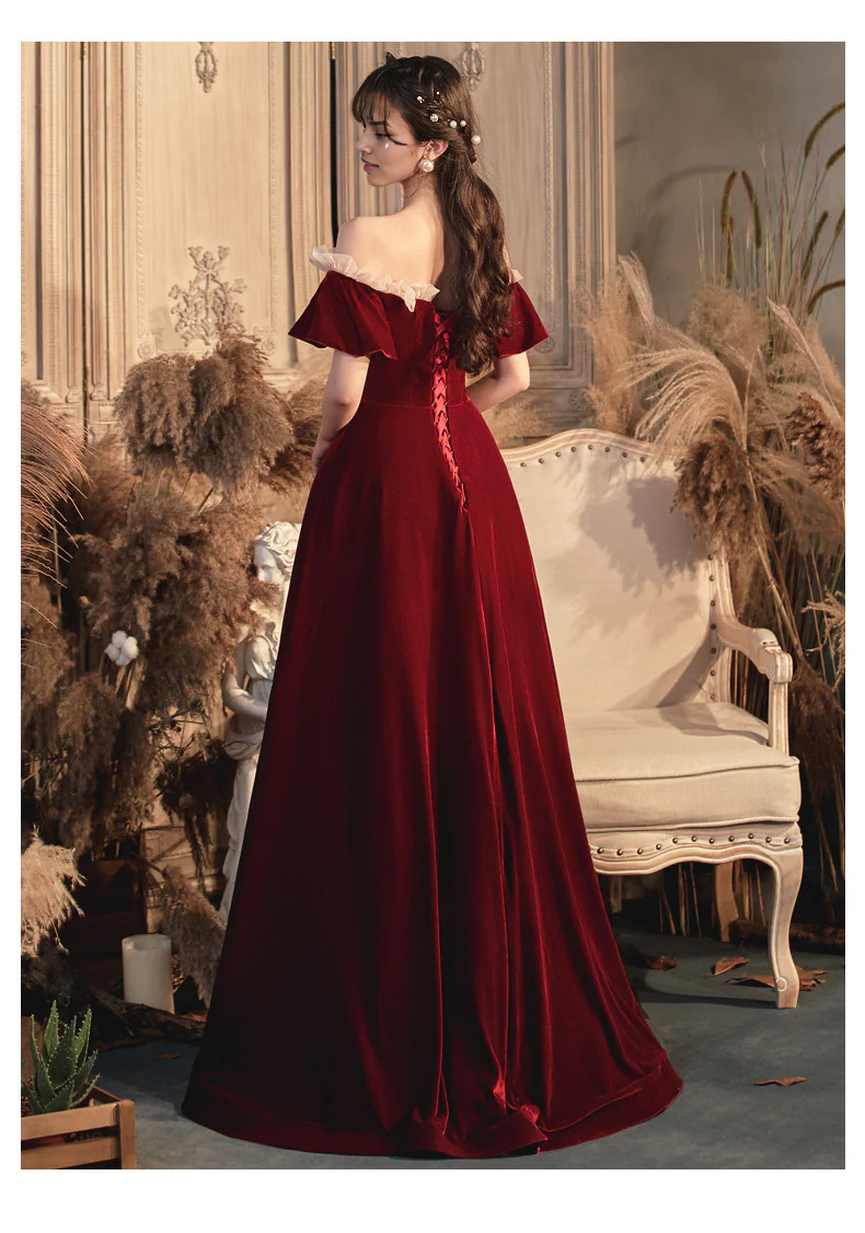Weitese Formal Women's Dresses Off Shoulder Burgundy Long Prom Dress A Line Velvet Evening Gown Prom Dresses Stores